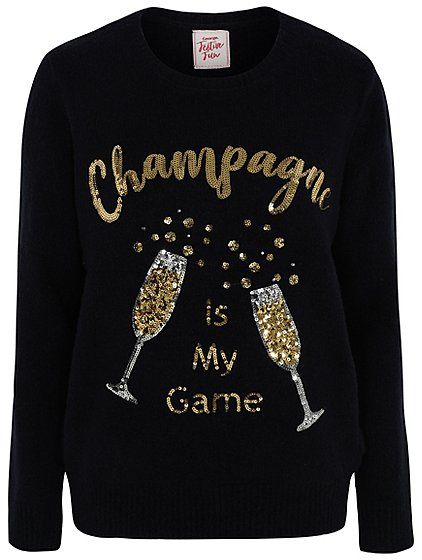 Champagne is my game - women's sparkly jumper ⋆ Black Christmas jumpers ...