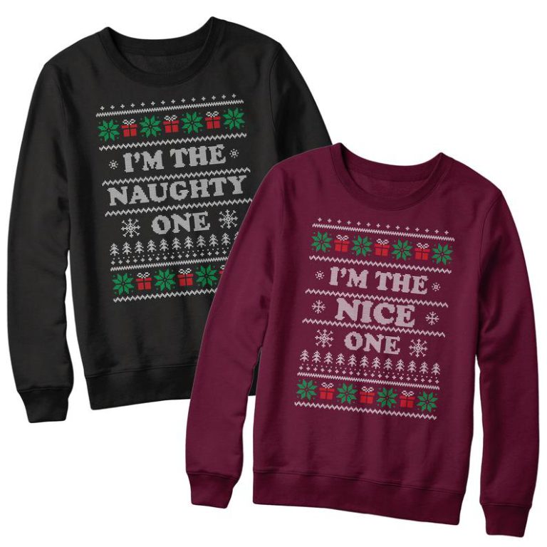 “I’m the naughty one” and “I’m the nice one” matching Christmas jumpers