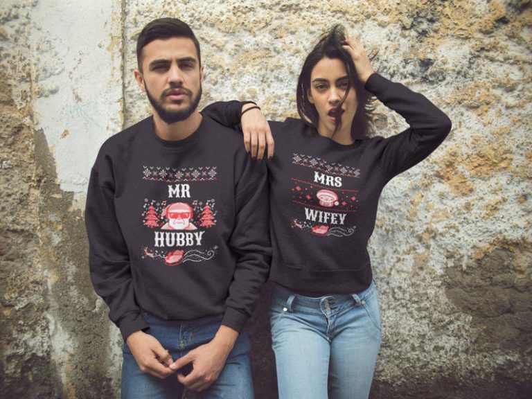 Mr HUBBY and Mrs WIFEY matching Ugly Christmas sweatshirts, in black