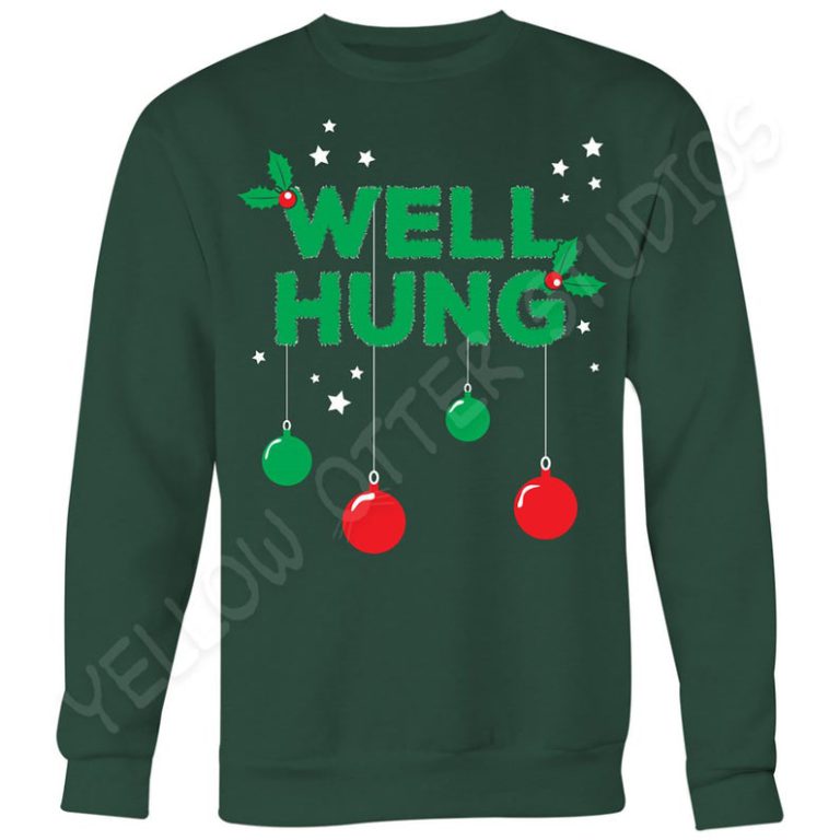 “Well Hung” Ugly Christmas Sweater, in green, for men