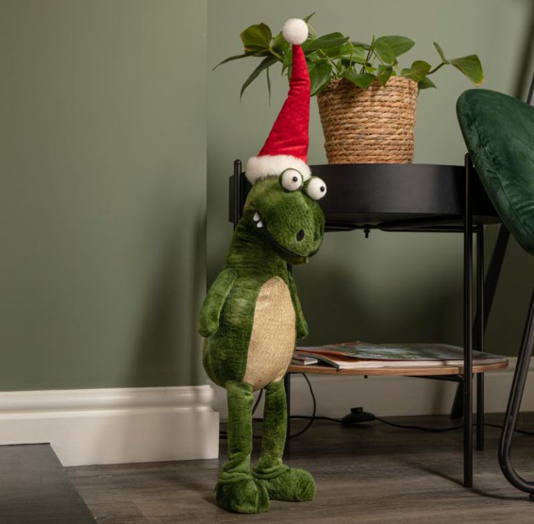 60cm Green Standing Christmas Dinosaur with Santa Hat from Debenhams