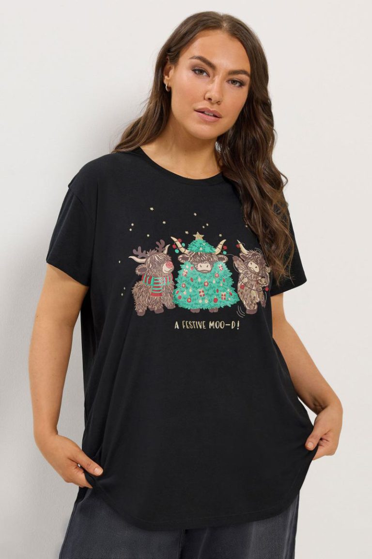 'A Festive Moo-d' Highland Cow Novelty T-Shirt from Boohoo