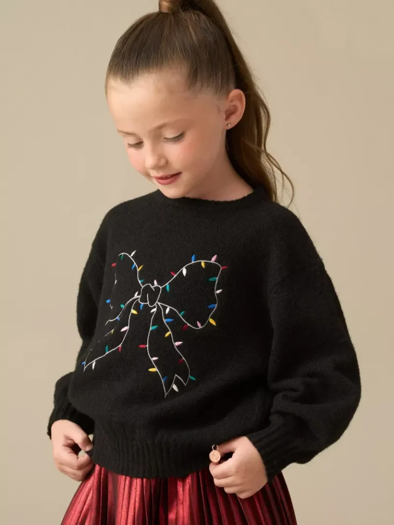 Angel & Rocket Kids' Haddie Festive Bow Jumper, Black from John Lewis