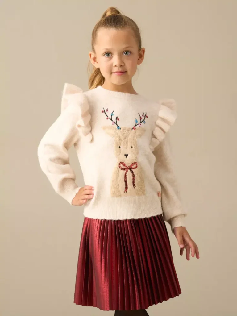 Angel & Rocket Kids' Lyla Fluffy Knit Reindeer Applique Jumper, Cream/Multi Christmas jumper from John Lewis