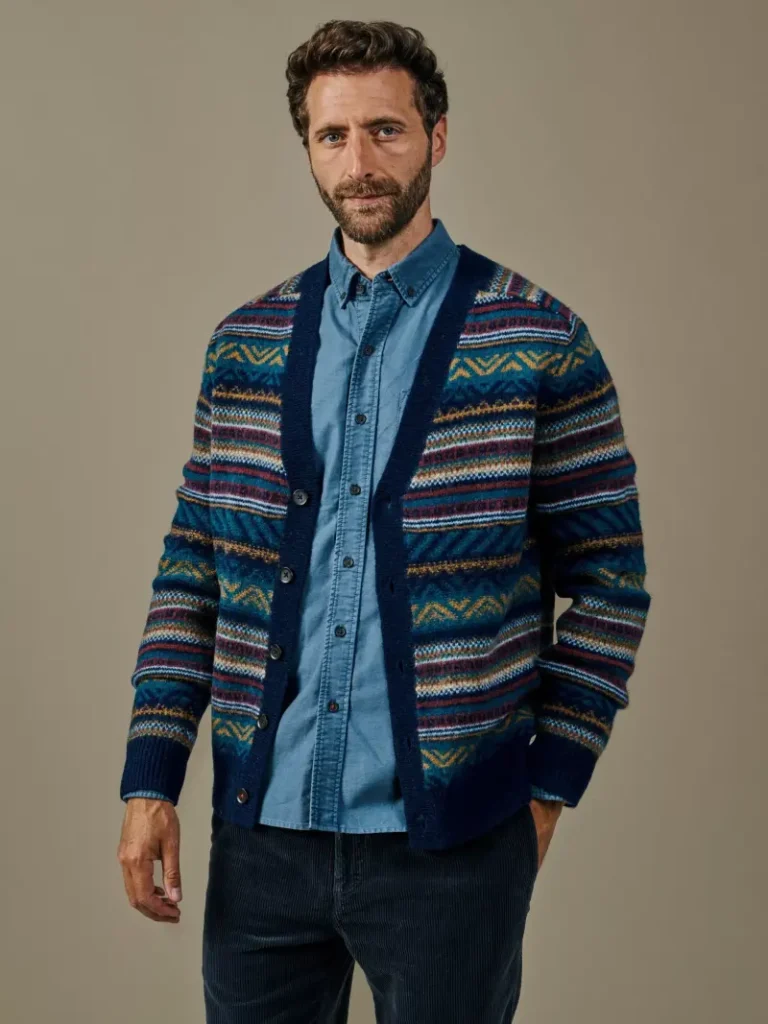 Aubin Fenton Pure Wool Fair Isle Geo Cardigan, Blue/Multi Christmas jumper from John Lewis