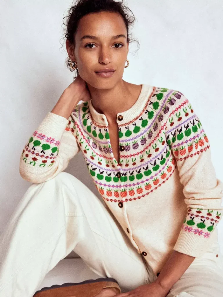 Boden Edie Fair Isle Fruits Wool Blend Cardigan, Ecru Christmas jumper from John Lewis