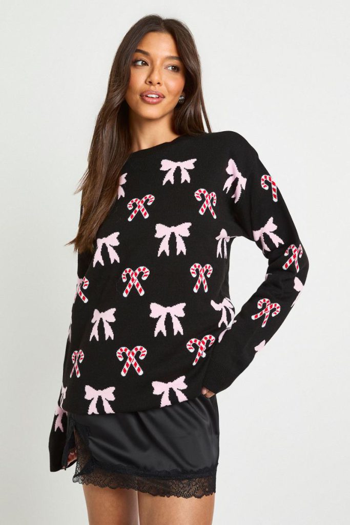 Candy Cane Bow Longline Christmas Jumper from Boohoo