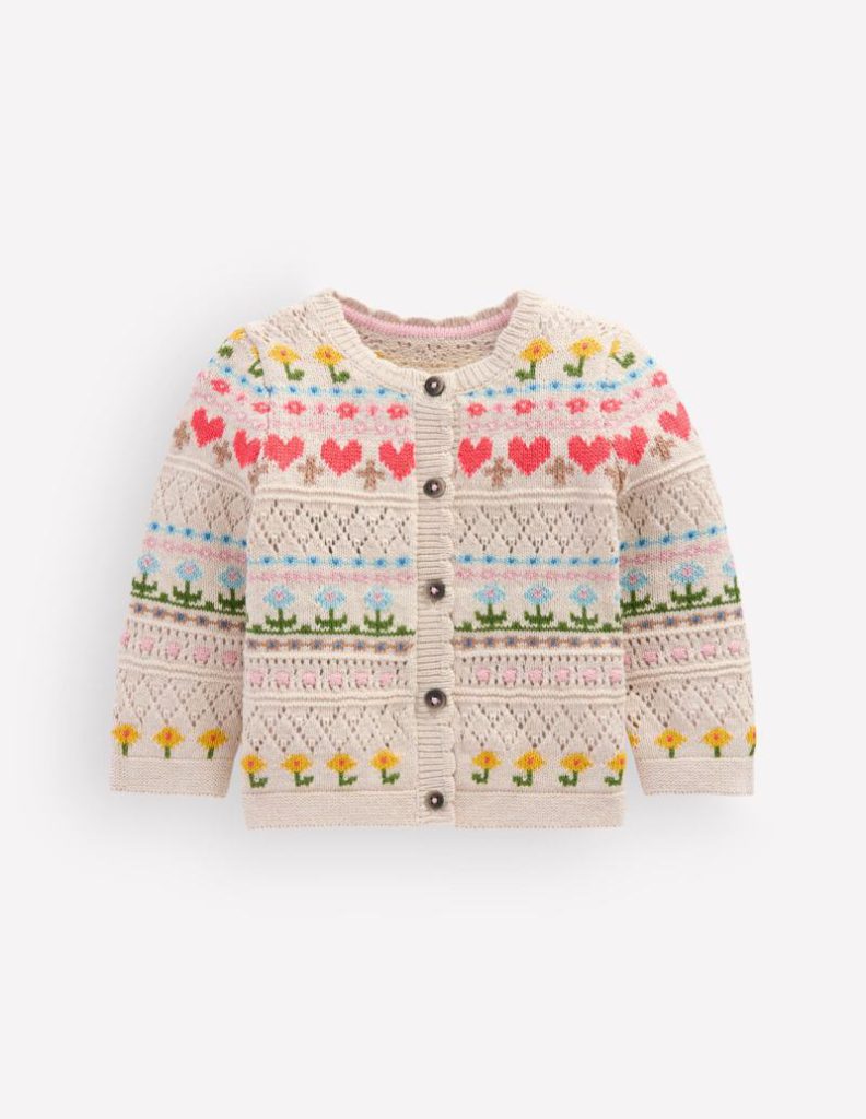 Cotton Fair Isle Cardigan in Oatmeal Marl Multi Flowers Christmas jumper from Boden