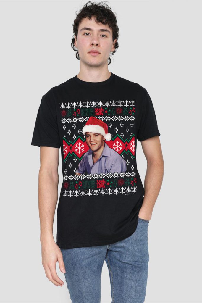 Elvis Ugly Christmas Sweater T-Shirt, Black from Debenhams