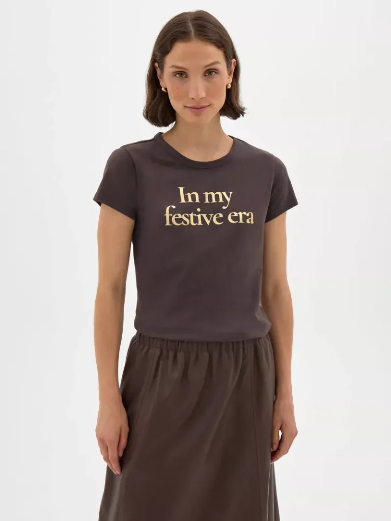 HUSH Slogan Festive T-Shirt, Dark Brown from John Lewis