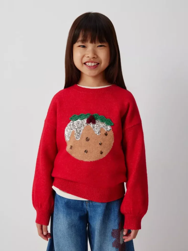 John Lewis Kids' Sequinned Christmas Pudding Jumper, Red from John Lewis