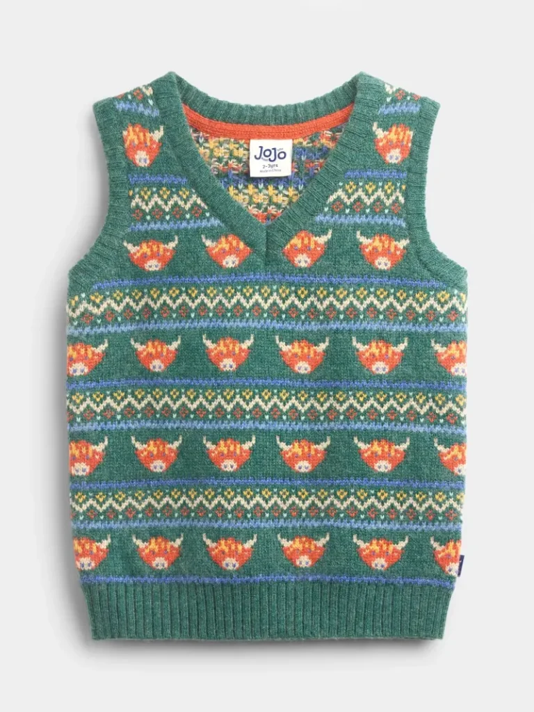 JoJo Maman Bébé Kids' Highland Cow Fair Isle Knitted Vest Top, Khaki Green Christmas jumper from John Lewis