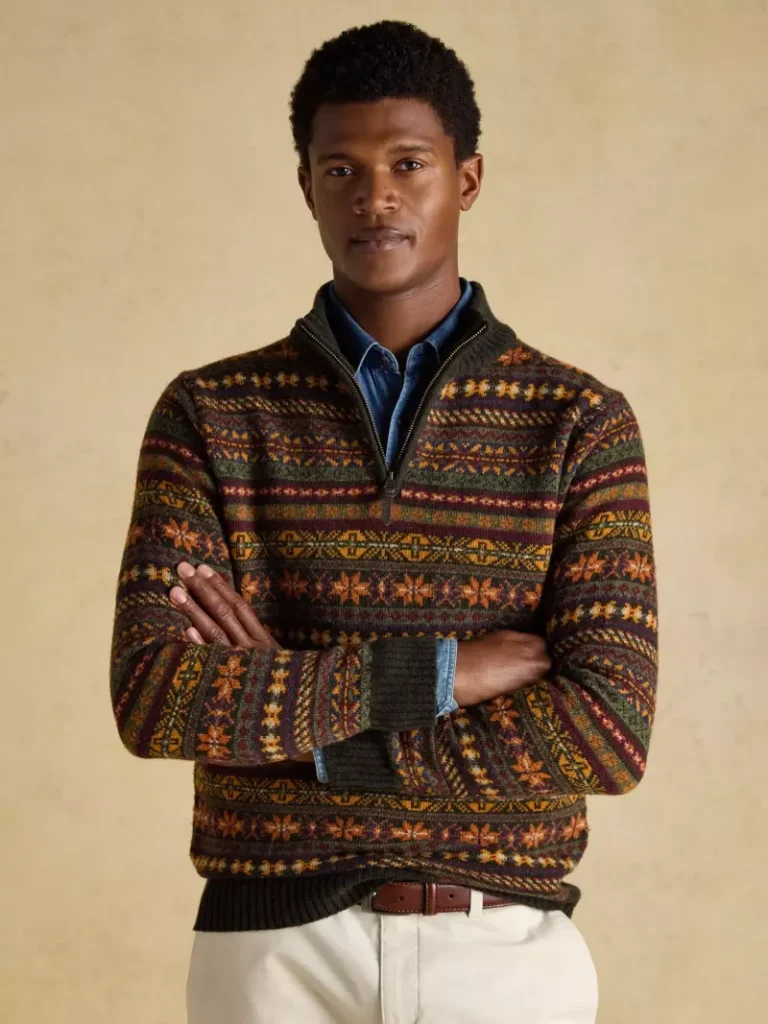 Joules Fair Isle Wool Blend Zip Neck Jumper, Green Christmas jumper from John Lewis