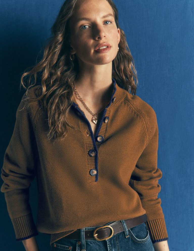 Lara Cotton Button Neck Jumper in Gingerbread Christmas jumper from Boden
