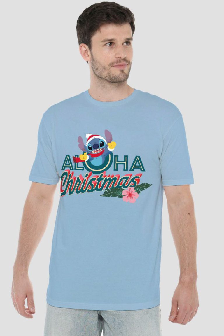 Lilo & Stitch Aloha Christmas With Stitch Mens T-Shirt Light Blue from Debenhams