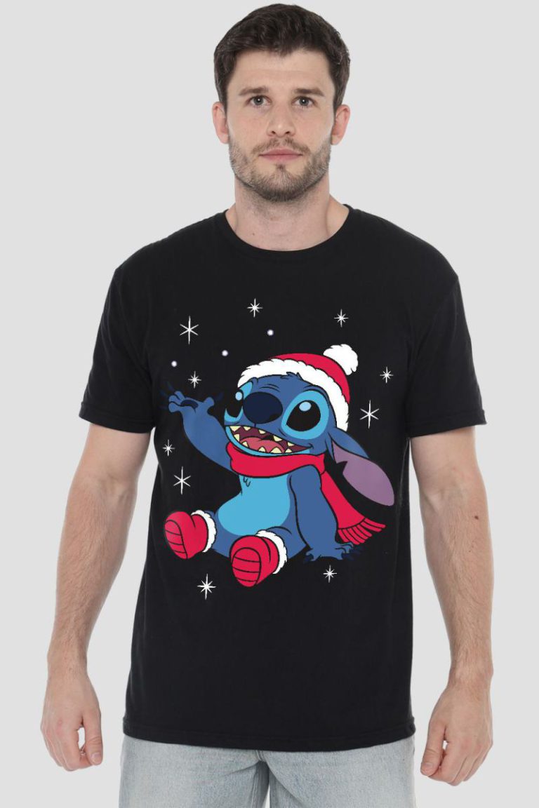 Lilo & Stitch Christmas Snowflakes Mens T-Shirt Black from Debenhams