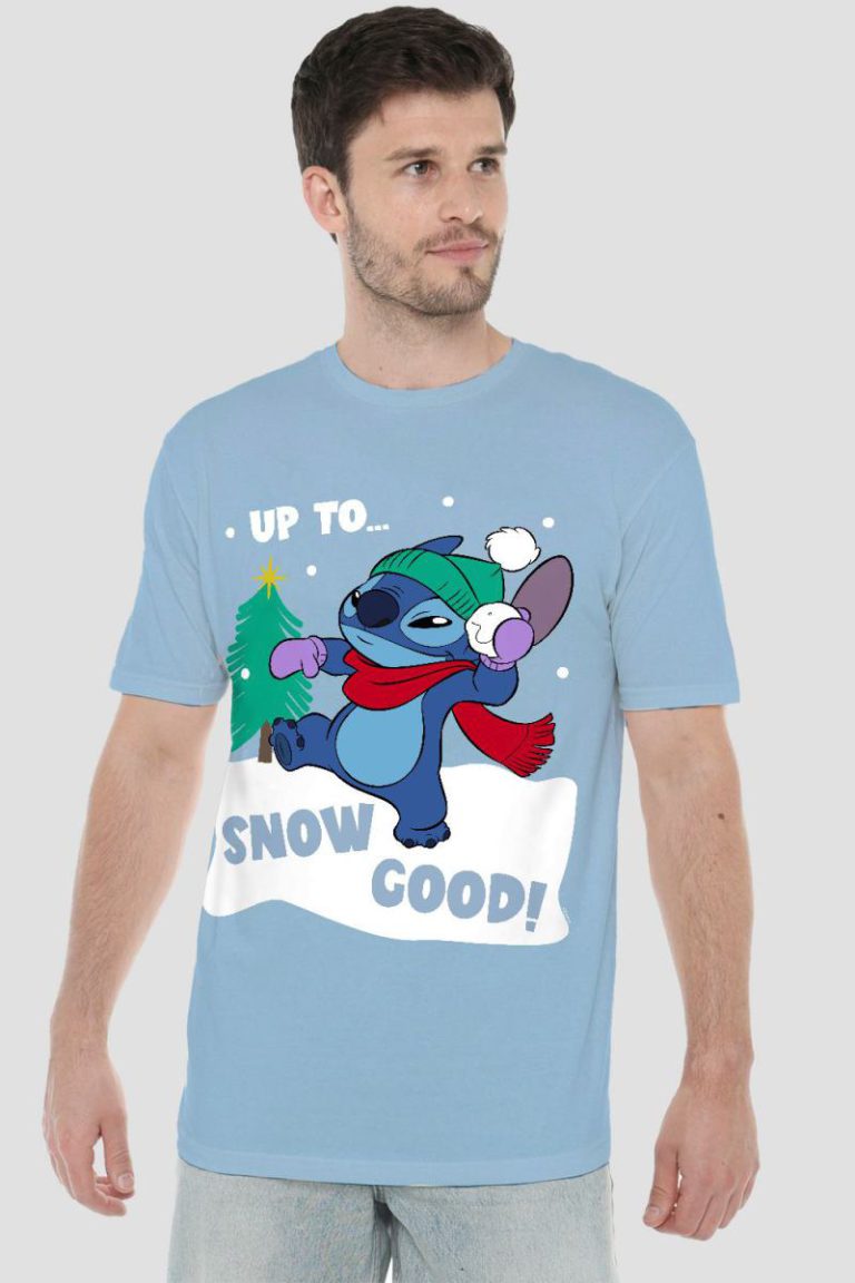 Lilo & Stitch Up To Snow Good At Christmas Mens T-Shirt Light Blue from Debenhams