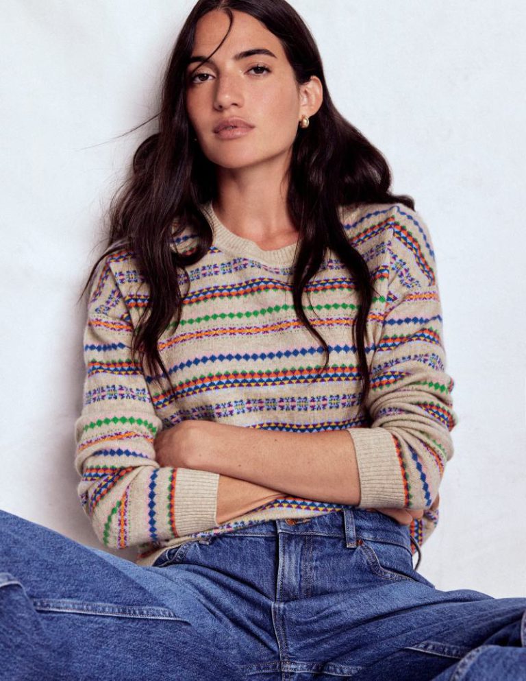 Lydia Cashmere Jumper in Oatmeal Melange Fair Isle Christmas jumper from Boden