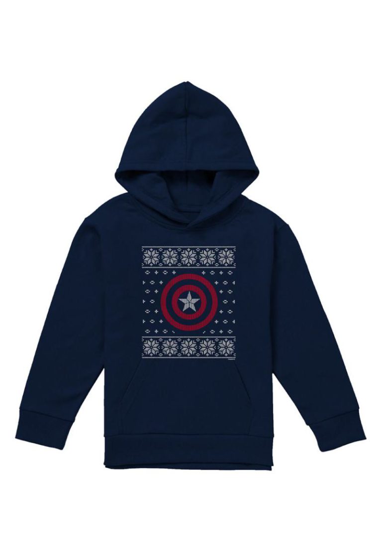 Marvel Captain America Shield Christmas Jumper Youth Kids Pull in Over Hoodie, Navy from Debenhams