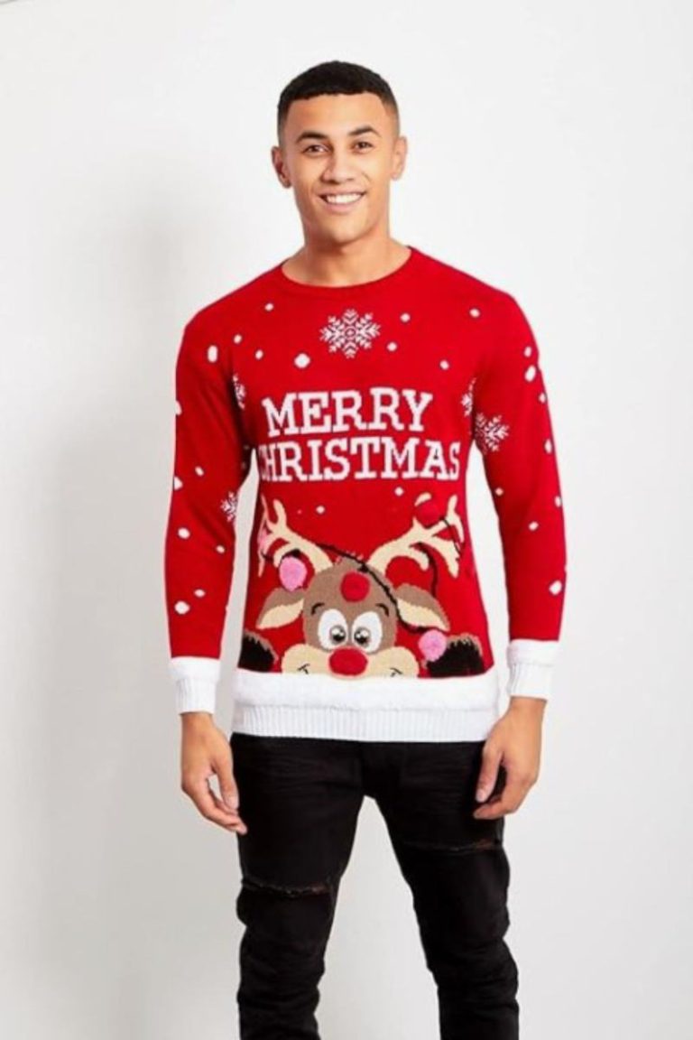 Mens Pom Reindeer Merry Christmas Xmas Jumper from Debenhams