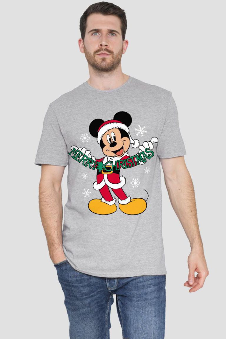 Mickey Mouse Merry Christmas Mens T-Shirt Grey from Debenhams