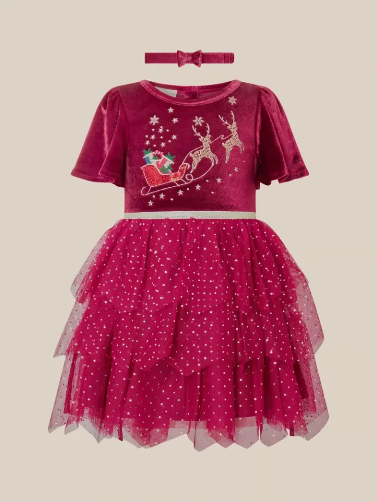 Monsoon Baby Christmas Reindeer Mesh Dress & Headband Set, Burgundy from John Lewis