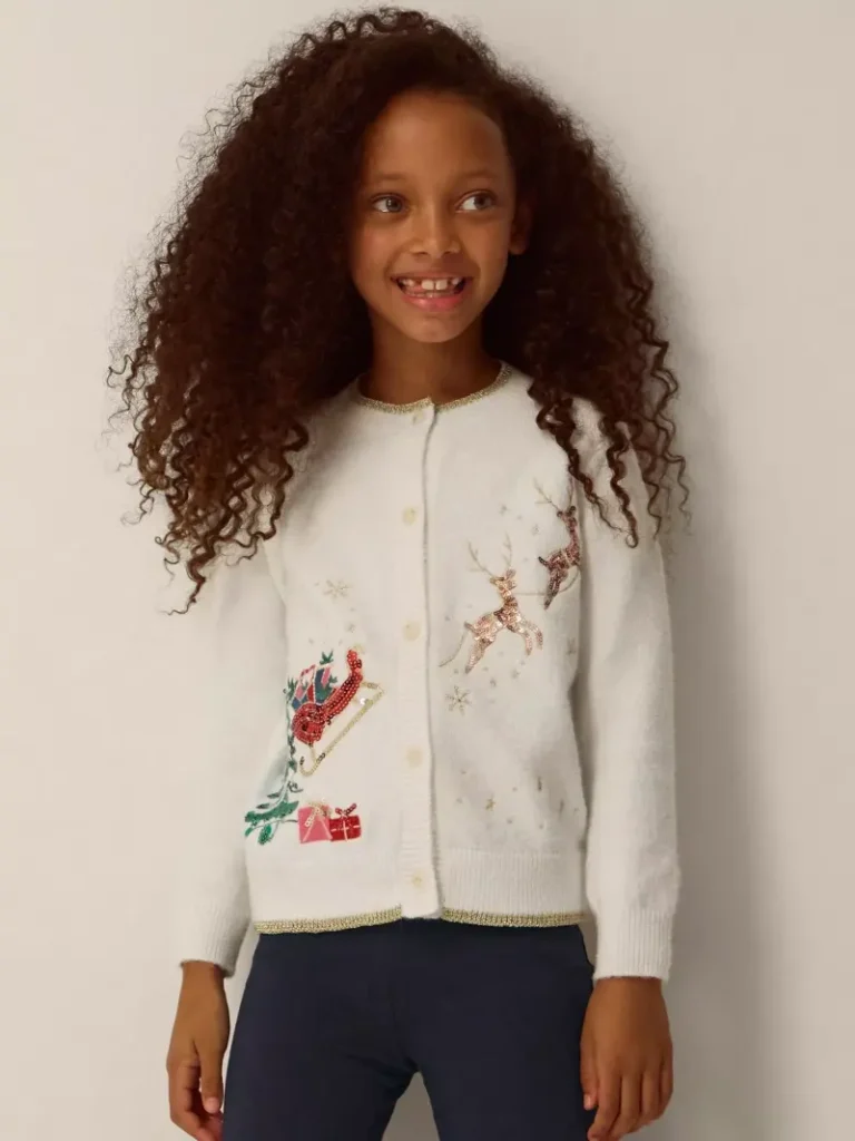 Monsoon Kids' Christmas Reindeer Cardigan, Ivory from John Lewis