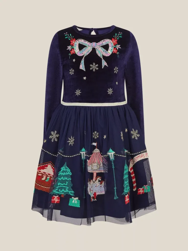 Monsoon Kids' Long Sleeve Embroidered Christmas Market Dress, Navy from John Lewis