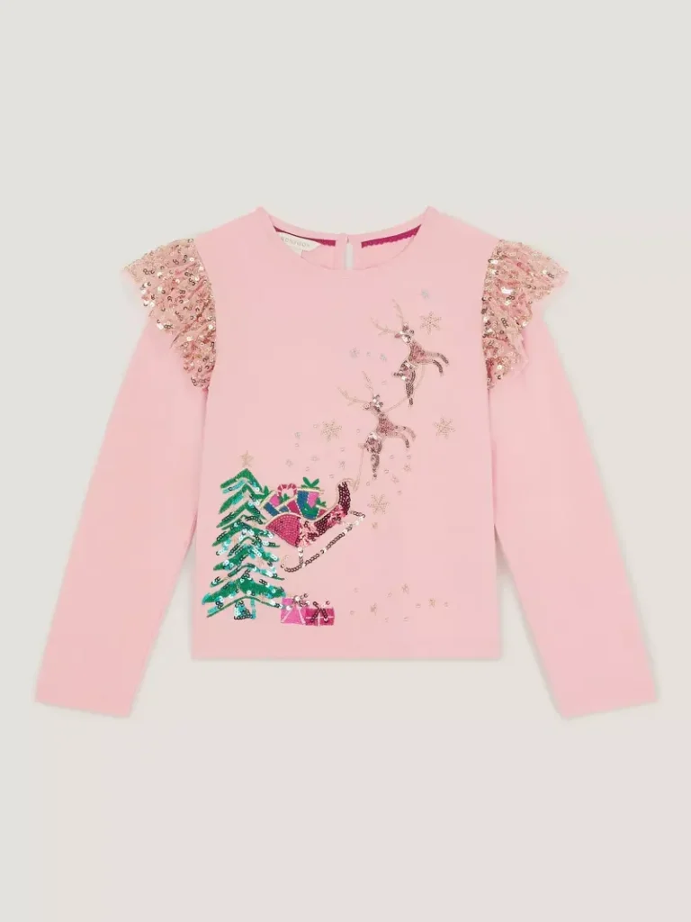 Monsoon Kids' Long Sleeve Sequin Christmas Reindeer Top, Pink from John Lewis