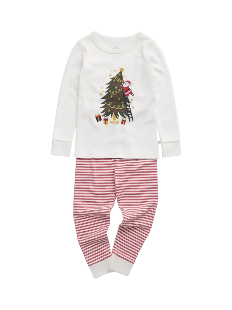 MORI Kids' Christmas Tree Pyjama Set, Tofu & Red Stripe from John Lewis