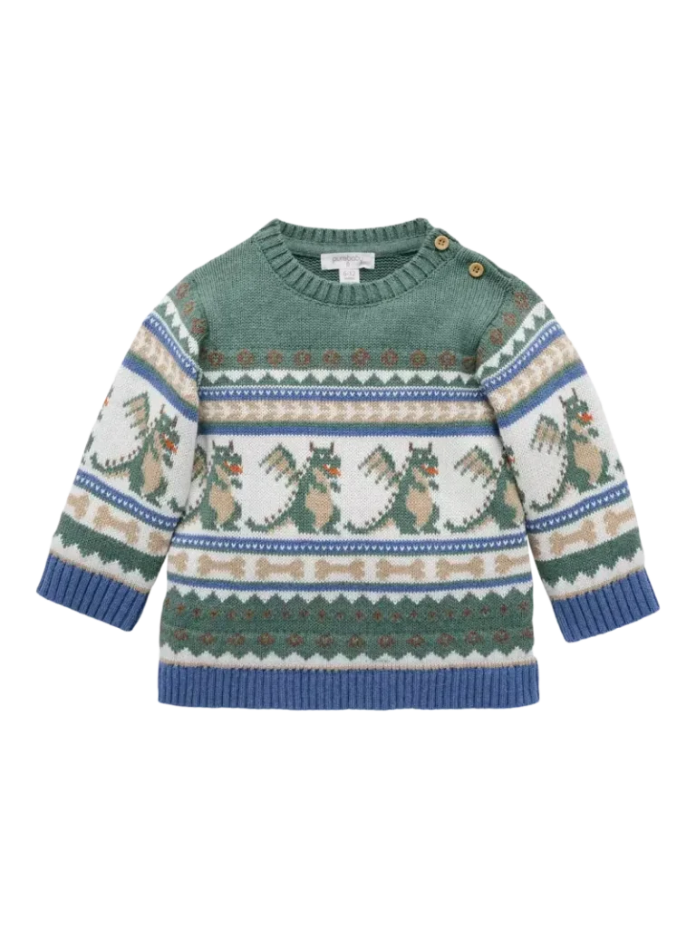 Purebaby Baby Cotton in Wool Dragon Fair Isle Jumper, Multi Christmas jumper from John Lewis