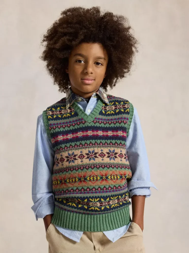 Ralph Lauren Kids' Fair Isle Sleeveless Sweater Vest, Green Christmas jumper from John Lewis