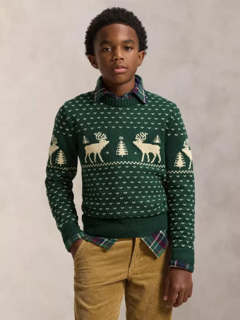 Ralph Lauren Kids' Wool Blend Fair Isle Christmas Sweater, Green Combo from John Lewis