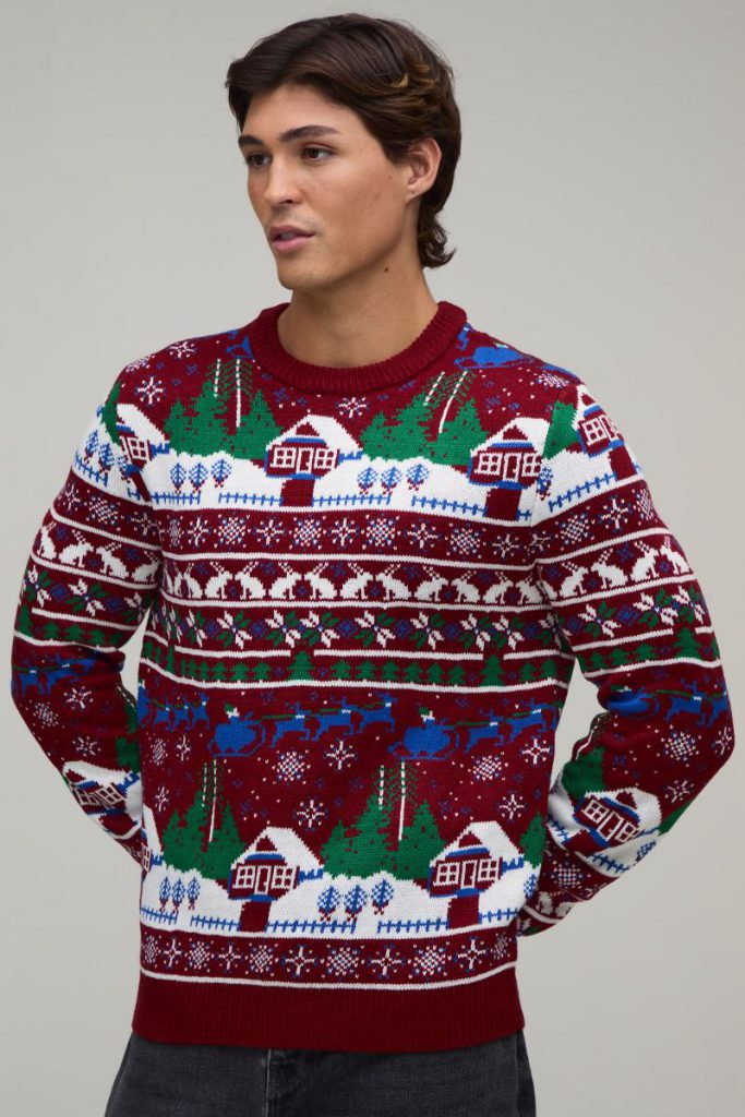 Regular Fit Fair Isle Scenic Knitted Christmas Jumper from Boohoo