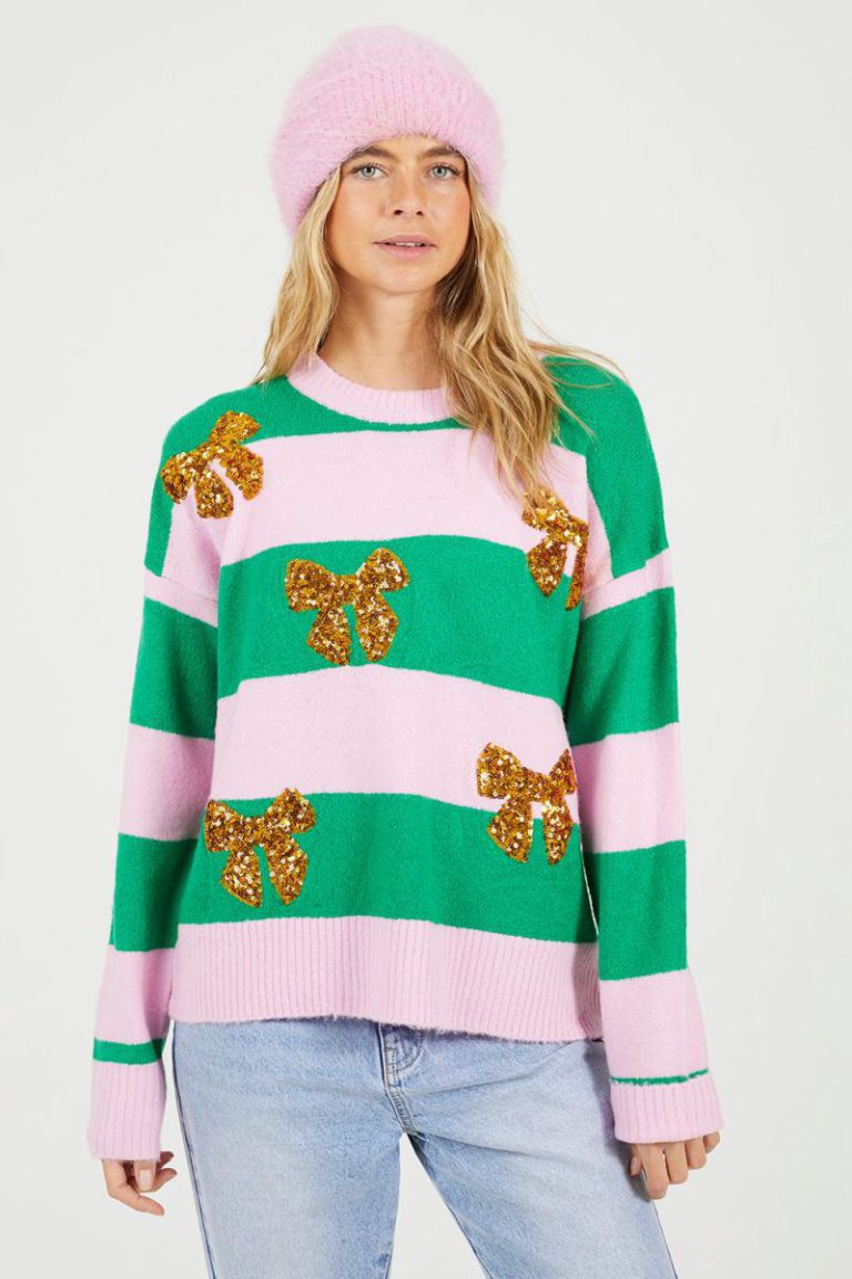 Sequin Bow Stripe Christmas Jumper from Debenhams