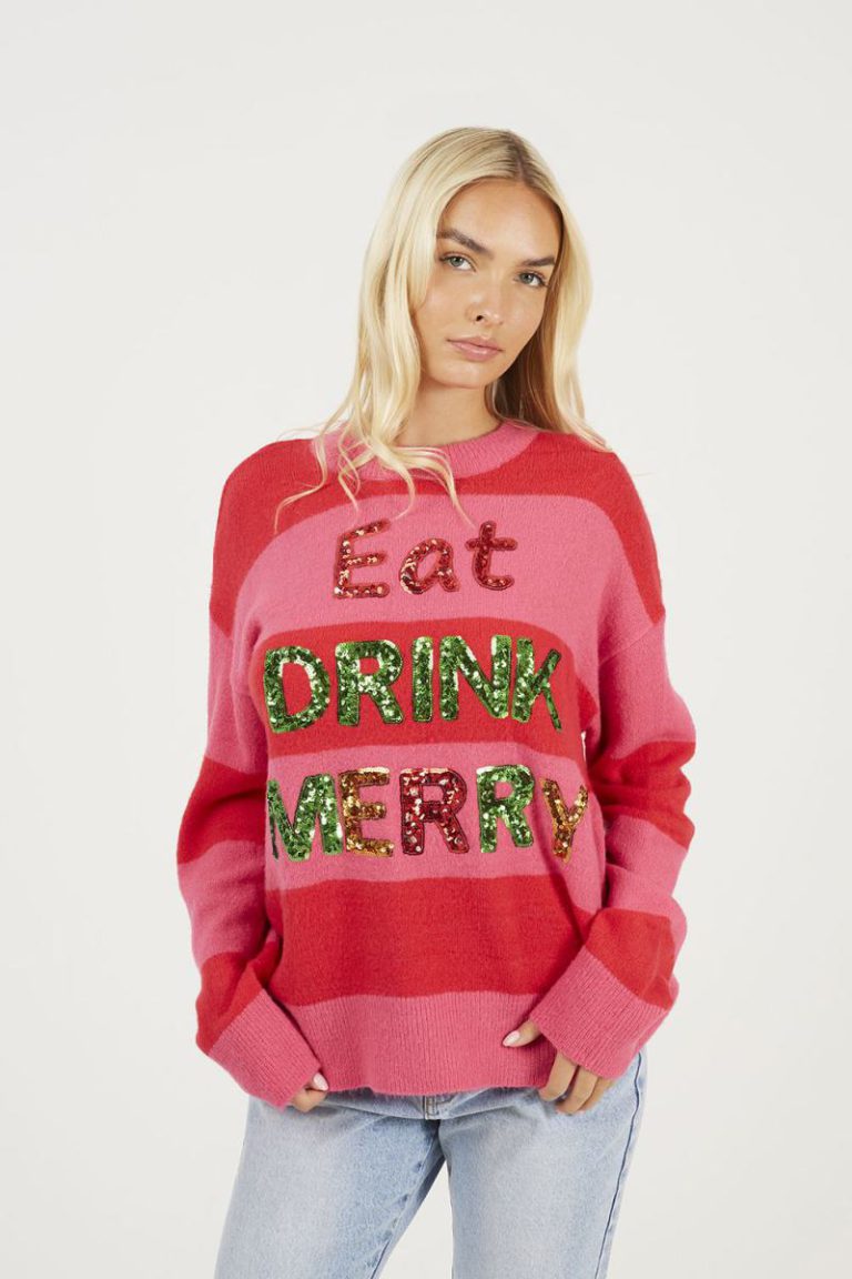 Sequin Slogan Stripe Christmas Jumper from Boohoo