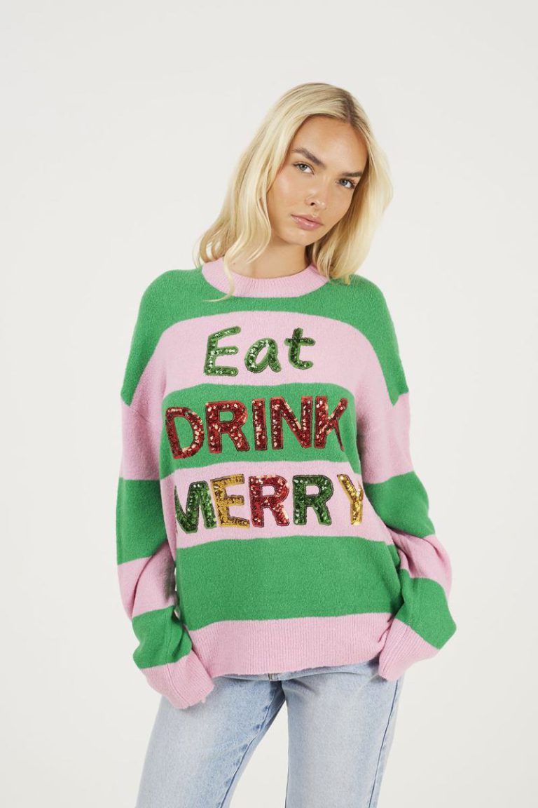 Sequin Slogan Stripe Christmas Jumper from Debenhams