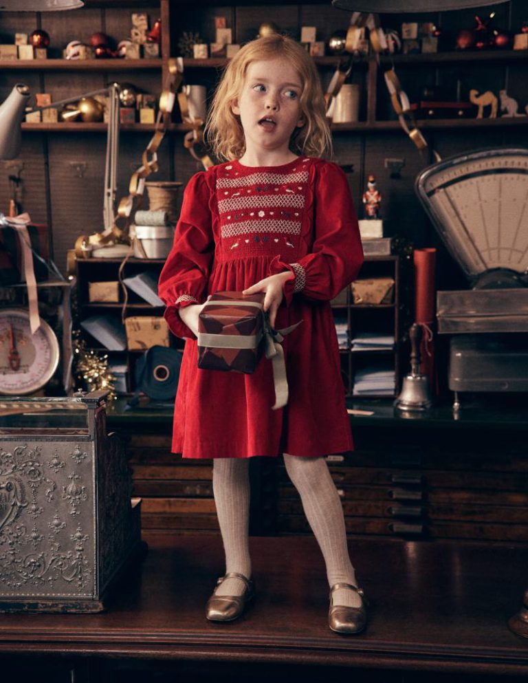 Smocked Corduroy Sparkle Dress in Red Festive Robins from Boden