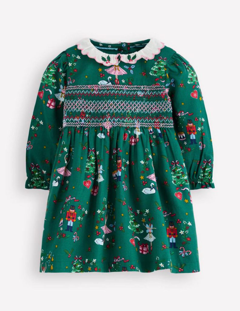 Smocked Party Dress in Alpine Green Festive from Boden