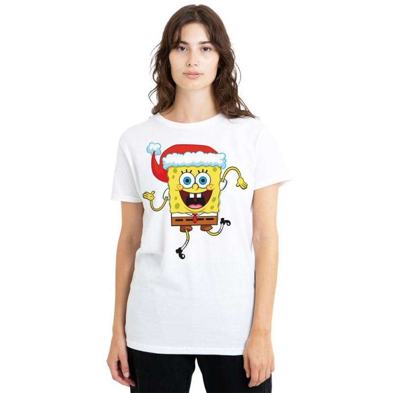 Spongebob Squarepants Christmas Santa Hat Ladies T Shirt, White from Debenhams