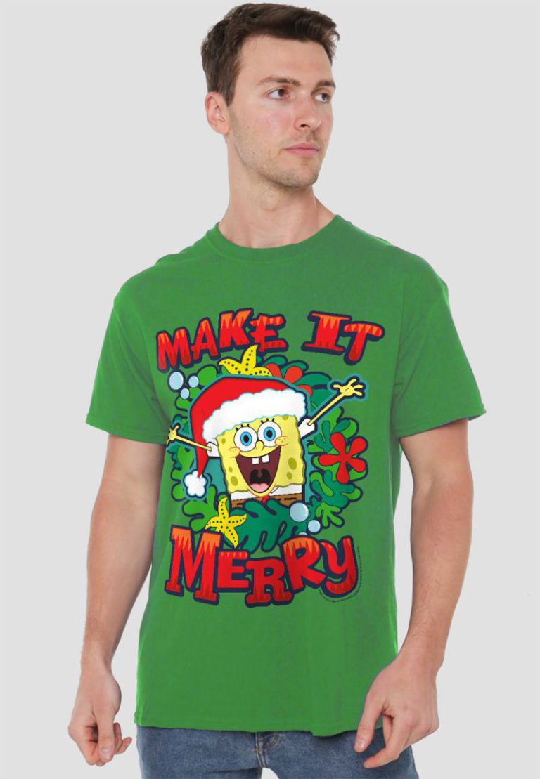 Spongebob Squarepants Make It Merry Christmas Unisex Adult T Shirt, Kelly Green from Debenhams