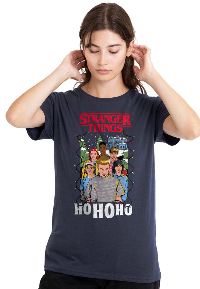 Stranger Things Group Ho Ho Ho Christmas Ladies T Shirt, Deep Navy from Debenhams