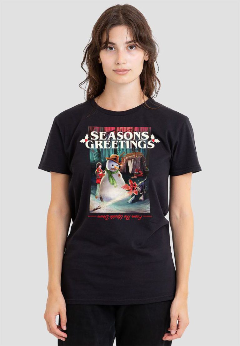 Stranger Things Seasons Greetings Snowman Christmas Ladies T Shirt, Black from Debenhams
