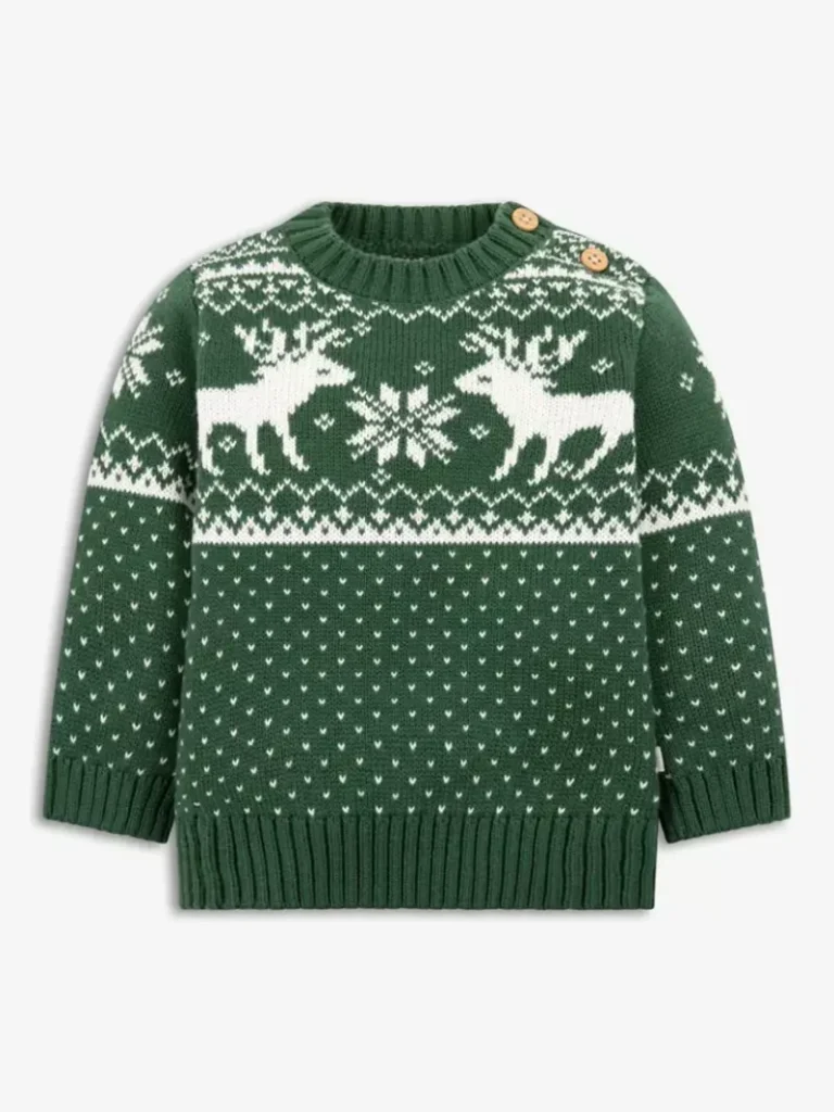 The Little Tailor Baby Fair Isle Cotton Jumper, Green Christmas jumper from John Lewis