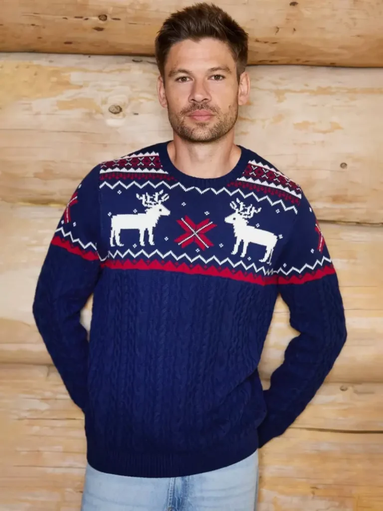 The Little Tailor Christmas Cotton Cable Knit Reindeer Jumper, Navy from John Lewis