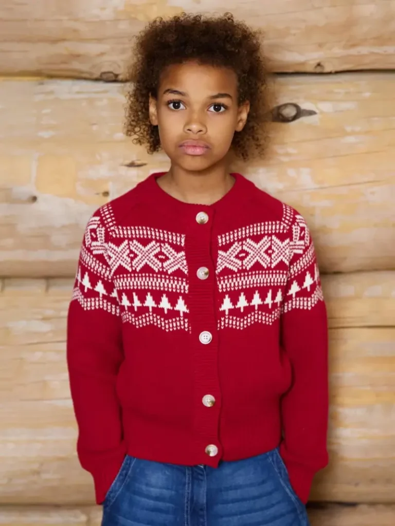 The Little Tailor Kids' Christmas Red Snowflake Fairisle Cardigan from John Lewis