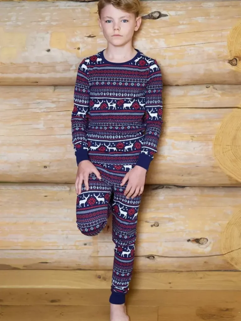 The Little Tailor Kids' Cotton Christmas Fair Isle Reindeer Pyjama Set, Navy/Red/Cream from John Lewis