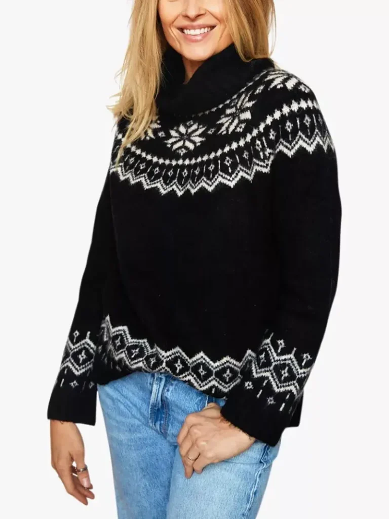 The Little Tailor Snowflake Fair Isle Chunky Funnel Neck Jumper, Black Christmas jumper from John Lewis