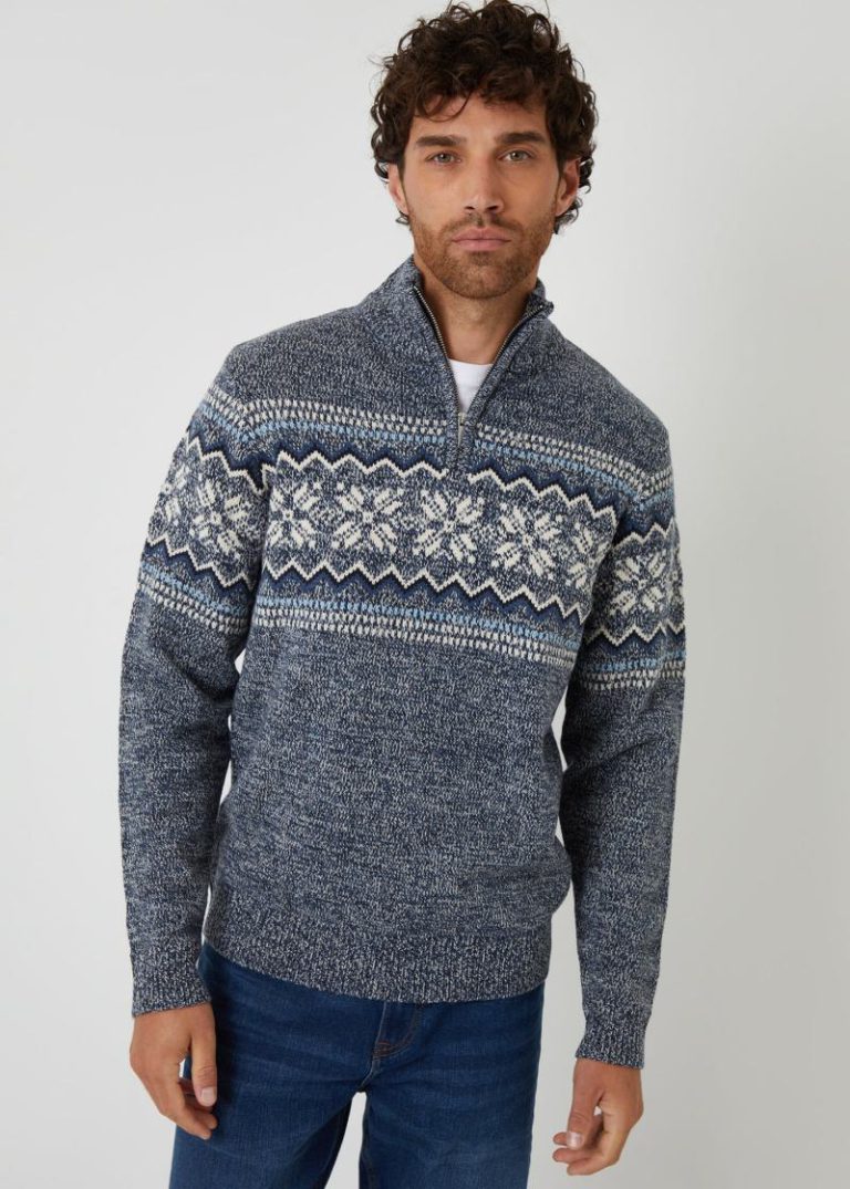 Threadbare Navy Fairisle Knitted Quarter Zip Jumper Christmas jumper from Matalan